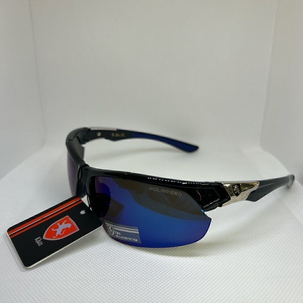 Khan Polarized Mirrored Mens Wrap Semi Rimless Sunglasses